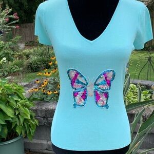 Pastel aqua butterfly sequin v neck short sleeved soft knit top spring summer
